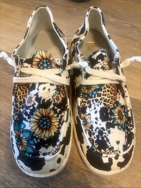 Women’s Floral Cowprint Canvas Slip-On Loafers - White, Black & Yellow Floral